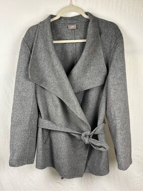 J. Jill Gray Wrap Trench Coat wool blend Large with Self Tie Belt cozy